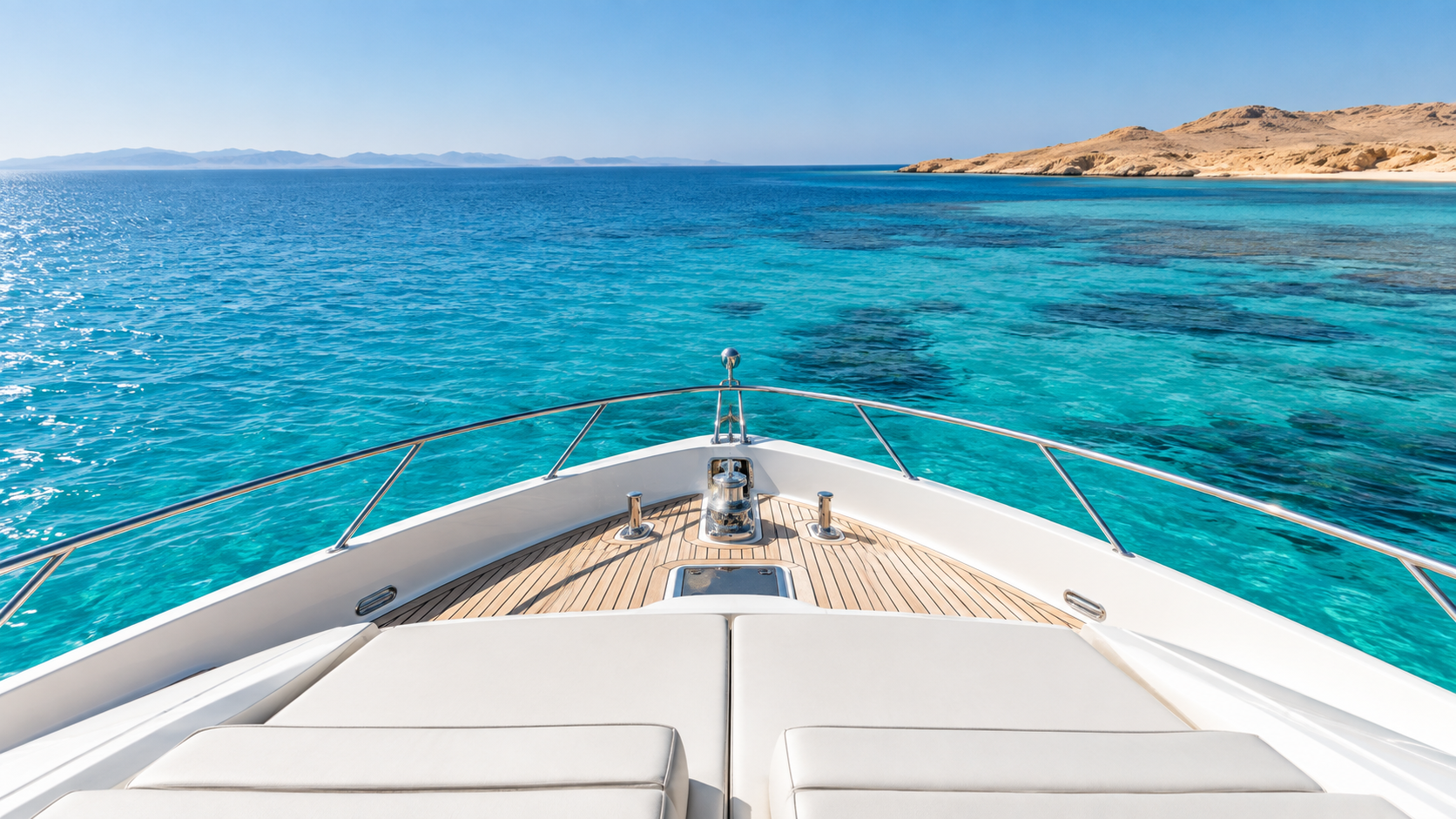 Illustrative view from a yacht across turquoise sea